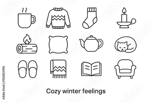 Fireplace winter log vector cozy icon pillow warm candle mug icons wool