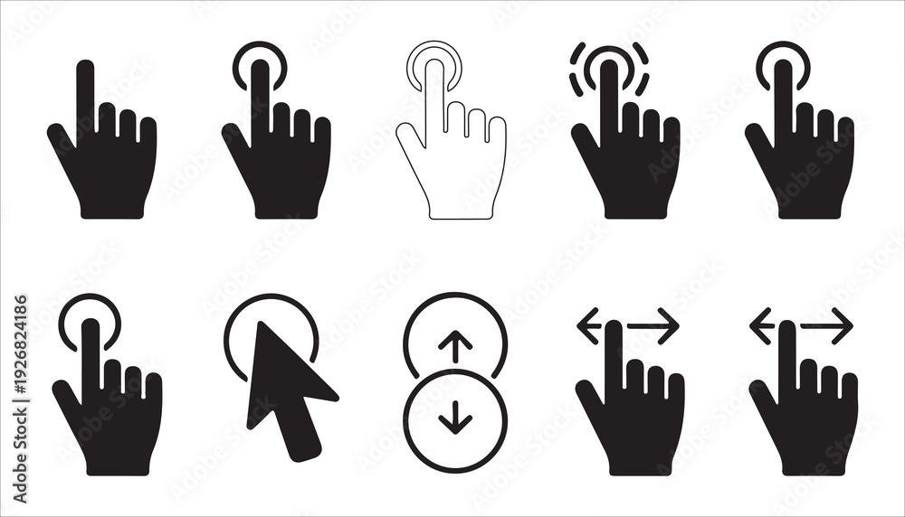 Fototapeta premium Set of black hand cursor and touch screen finger gestures isolated icons for interface navigation