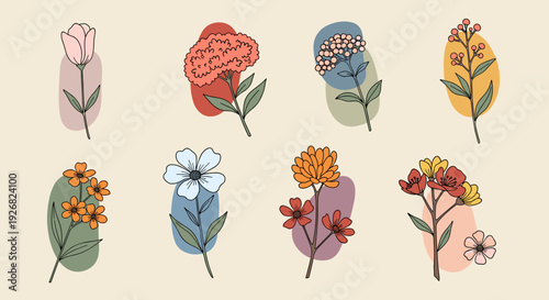 A collection of colorful floral illustrations featuring various flowers and leaves in a modern vector style, perfect for home decor and creative projects