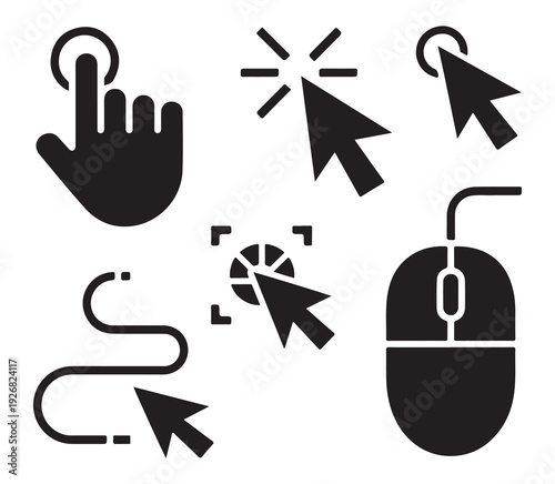 Set of black filled icons showing computer mouse cursor, pointing hand, click effect, and selection interaction