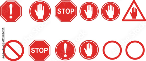 Warning signs set, prohibition, danger, stop, restricted access, safety, traffic, red circle, exclamation mark, hand gesture, octagon, triangle