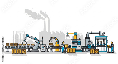 Automated factory assembly line with robotic arms and workers producing goods efficiently.