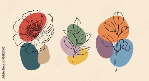 A collection of colorful flowers and leaves in a modern minimalist vector style, perfect for botanical art projects