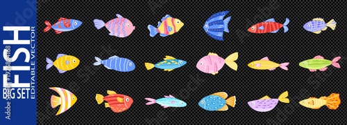 Fish kawaii swordfish and cute children underwater with aquarium reef sea. Clipart eel hook and puffer squid vector with animal fauna illustration. Ocean fish chest and childlike cute starfish