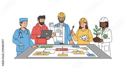 Diverse professionals collaborating on creative project with blueprint