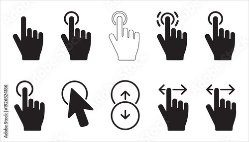 Set of black hand cursor and touch screen finger gestures isolated icons for interface navigation
