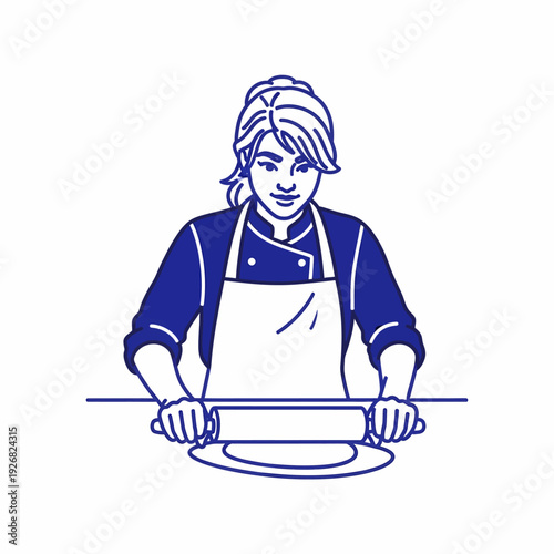 A blue and white line art illustration of a female chef or baker using a rolling pin to flatten dough.