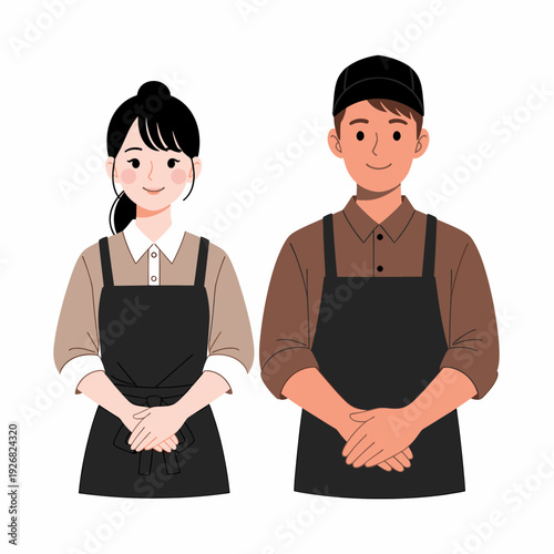 A friendly cartoon illustration of a man and a woman wearing aprons and uniforms, smiling and standing together.