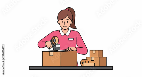 Woman efficiently seals cardboard boxes with tape for shipping and order fulfillment.