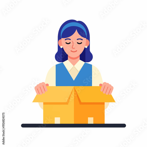A vector illustration of a woman with blue hair opening a yellow cardboard box with closed eyes.