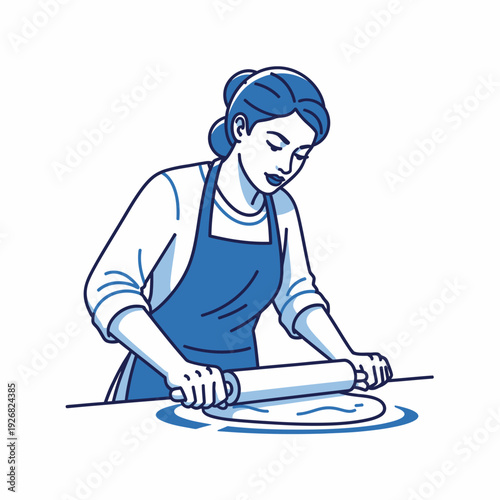 A woman in an apron rolling dough with a rolling pin.
