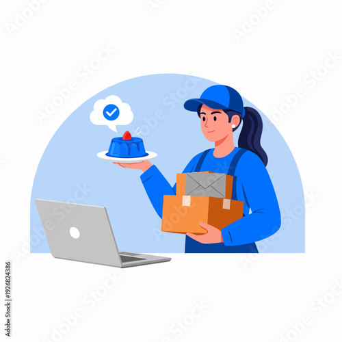 A female delivery worker holding a dessert and packages, with a laptop, indicating successful food and parcel delivery service.