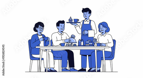 Waiter serving drinks to customers at a cafe table, minimalist illustration.