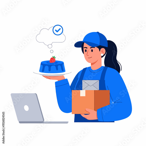 Woman delivery driver holding a package and a dessert with a laptop, representing online food order and delivery service.