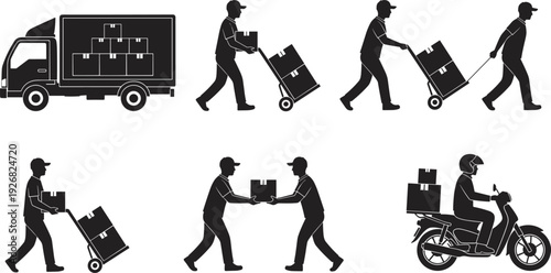 Black and white vector silhouettes of logistics delivery services featuring couriers, shipping trucks, parcel boxes, hand trucks, and motorcycle transport.