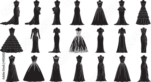 Black and white vector silhouettes of elegant formal evening gowns, glamorous wedding dresses, luxury prom attire, and chic feminine party silhouettes.