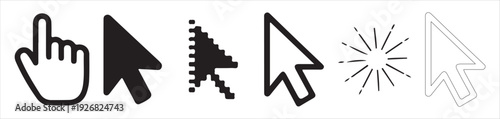 Collection of various cursor icons hand arrow pixelated and radial burst symbols computer mouse pointer signs