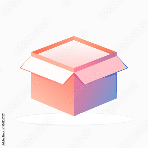 Modern isometric illustration of an open shipping box with a vibrant pink and purple gradient