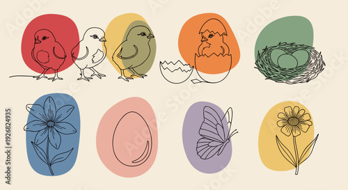 A collection of birds, eggs, and flowers in colorful minimalist line art vector style, ideal for spring-themed designs