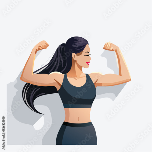 Fit woman flexing biceps, strong and healthy female body, athletic lifestyle illustration