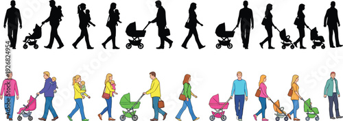 Silhouettes and colorful illustrations of adults walking with children and pushing strollers, showcasing family life, parenting, childcare, and design elements for creative projects