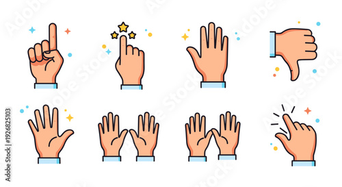 A collection of hand gestures including thumbs up, pointing finger, and clapping hands in flat modern vector style, ideal for communication and social media designs