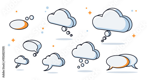 A set of colorful speech bubbles and thought clouds in modern outline vector style, suitable for communication and social media design
