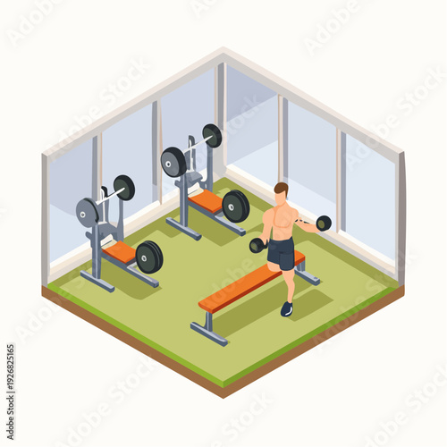 Isometric illustration of a man exercising with dumbbells in a gym setting with equipment