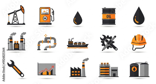 Oil and gas industry icons representing various aspects of the sector.