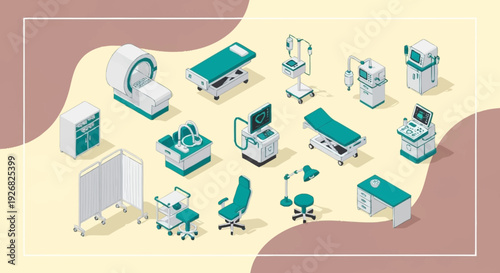 Medical equipment and hospital furniture collection illustration.