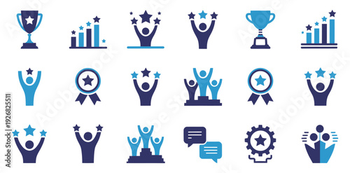 Blue and white winning and achievement icons collection showing trophies, stars and people celebrating success, professional accomplishment and goal completion themes, modern flat style vector graphic