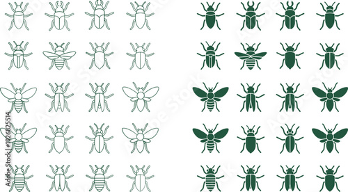 Grid of Fifty Insect Illustrations Showing Outlined Drawings and Solid Silhouettes Side by Side for Educational and Design Use