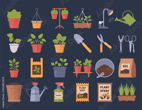 Flat vector icons of gardening tools plants and supplies