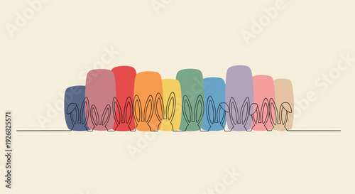 A collection of colorful rabbits with playful expressions in minimalist outline vector style, perfect for spring and Easter themes