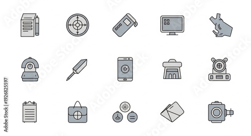 Collection of various technological devices and gadgets in a monochrome style.