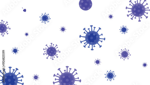 Stylized Illustration of Multiple Virus Particles in Blue and Purple Shades with Spiked Structures Representing Pathogens on White Background