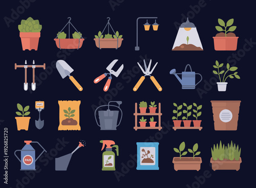 Collection of flat vector icons for urban gardening and plant care