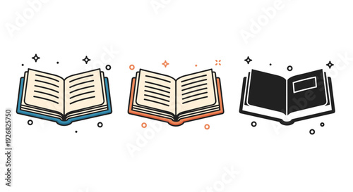A set of three open books in colorful flat vector style, suitable for educational materials and branding