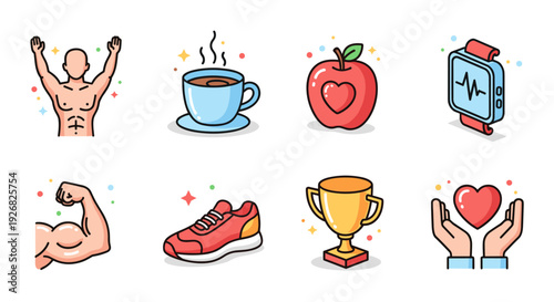 A collection of fitness and health icons including a muscular figure, coffee, an apple, and a trophy in modern flat vector style, suitable for wellness and lifestyle projects