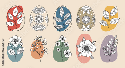 A collection of decorative egg shapes featuring floral and leaf designs in minimalist outline vector style, suitable for spring and Easter-themed projects
