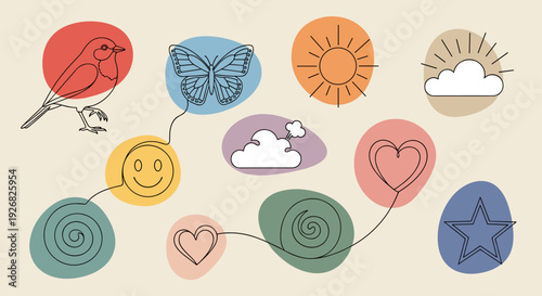 A collection of colorful icons including a bird, butterfly, smiley face, clouds, sun, hearts, and a star in flat modern vector style, perfect for cheerful designs and creative projects