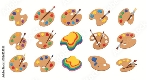 Paintbrushes and Painter Palettes with Colorful Paint.
