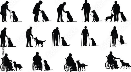 Elderly and disabled people with guide dogs silhouettes set assistance support mobility concept black white vector illustration collection