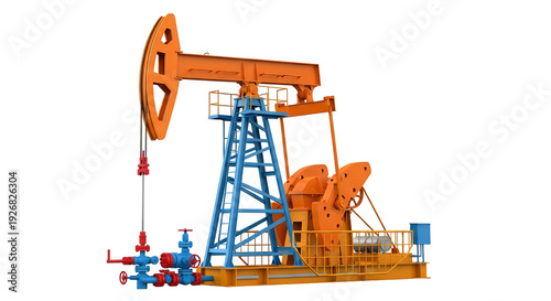 Orange and blue oil pump jack machinery isolated on black