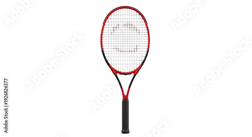 Red and black tennis racket with black grip isolated on black background