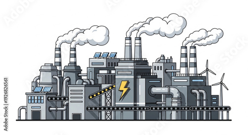 Industrial complex illustration depicting factories with smoke stacks and energy production.