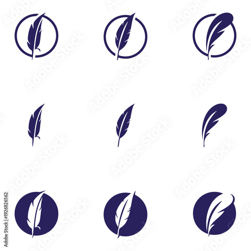 Collection of various feather icons in dark blue and white icon