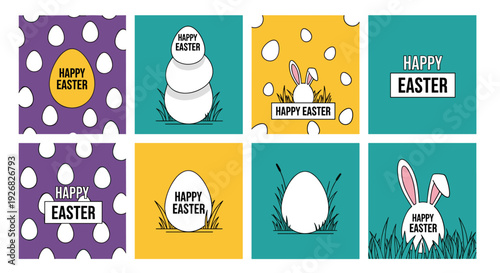 A collection of eight colorful Easter-themed illustrations featuring eggs, bunnies, and cheerful greetings in a modern vector style, perfect for festive cards and decorations