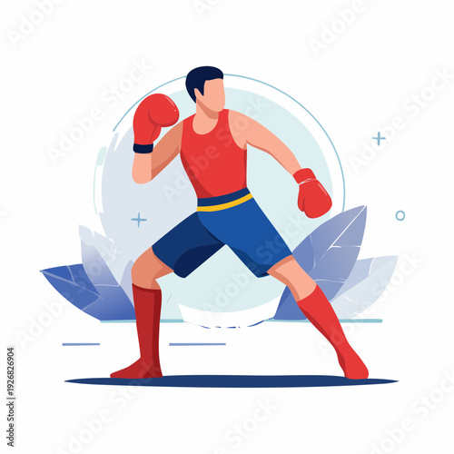 Dynamic illustration of a male boxer in an aggressive fighting stance, ready for action and showcasing athletic strength