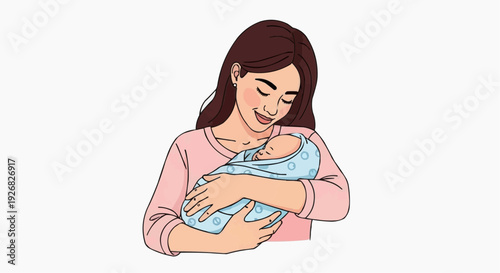 Vector illustration of a mother holding a baby in a blue blanket